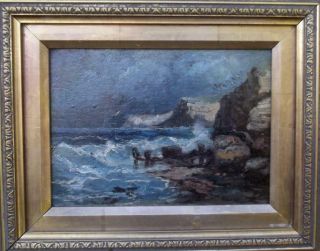 19th Century British Antique STORMY SEASCAPE Oil Painting Feintly Signed 