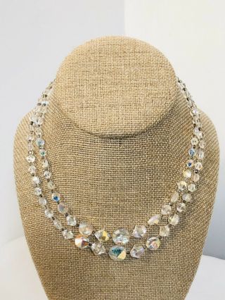 Gorgeous Vintage 2 - Row Aurora Borealis Crystal Necklace 16” Sparkling