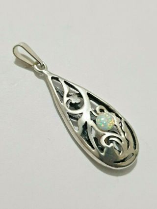 Stunning Vintage Opal Stone Long Art Nouveau Design Pendant 925 Solid Silver