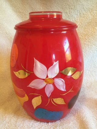 Vintage Bartlett Collins Gay Fad Red Glass Handpainted Cookie Jar