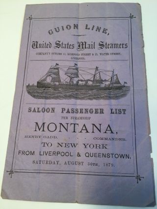 1879 SS MONTANA Guion Line US Mail Steamers list,  deck plan,  chart Liverpool - NY 2