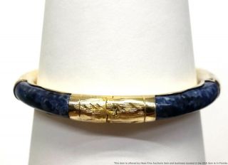 Vintage Lapis Lazuli Gold Wash Sterling Silver Vermeil Chinese Bangle Bracelet 2