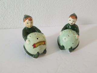 Vtg 60s Salt And Pepper Shakers Green Elfs With Orbs Christmas Decor Japan Made