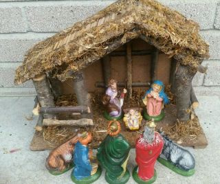 Vintage Italy Pvc 8 Pc Nativity Set & Wood Stable 14x10 " Baby Jesus Mary Joseph