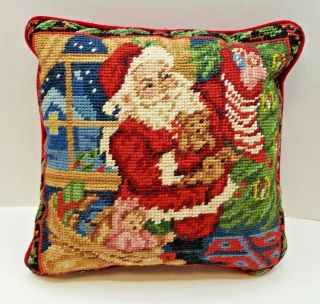 Vintage 9.  25 " Santa Claus Christmas Tree Needlepoint Throw Pillow Handmade