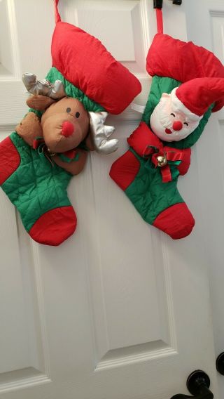 Vintage Puff Nylon Parachute Christmas Stockings Santa Reindeer Set Of 2