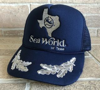 Vintage Sea World Of Texas Navy Blue Trucker Snapback Mesh Hat Cap