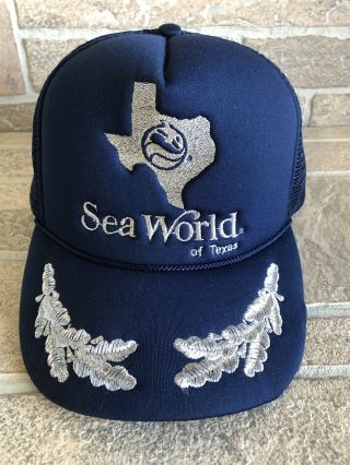 Vintage Sea World Of Texas Navy Blue Trucker Snapback Mesh Hat Cap 3
