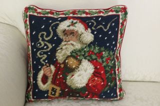 Vintage Handmade Needlepoint Pillow Santa Christmas 13 " X13 "