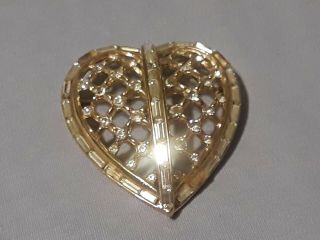 Vintage Signed Crown Trifari Rhinestone Heart Brooch Gold Tone