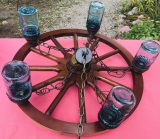 Antique Wood Wagon Wheel 5 Light 24 " Copper Brass Chandelier Rustic Country