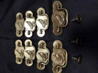 8 Vtg Metal Hardware Drawer Pulls Handles Bird Grouse Chest Furniture Brass