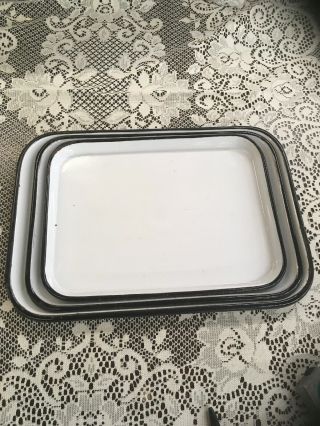 Vintage Enamelware White W Black Trim Set Of 3 Trays - 11” X 15” Is Large Tray