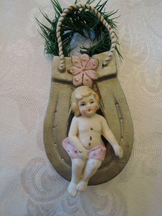 Vintage 1910 German Bisque Christmas Angel In Lucky Horseshoe For Feather Tree