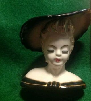 Vintage Napco Ceramic Lady Head Vase 4” Tall Black Dress And Hat