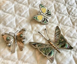 Vtg Sterling Silver 3 Butterflies Brooches Pins Mexico Turquoise Inlay Enamel