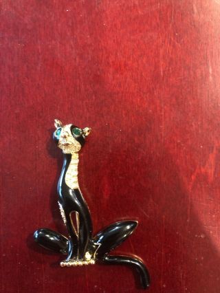 Vintage Signed E.  Pearl Black And Gold Cat With Green Eyes Pin Pendant