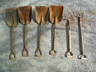 6 Antique Primitive D Handle Coal Shovels Rail Road Farm Tool Scoop Pitch Fork