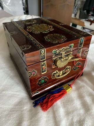 Vintage Wooden Korean Jewelry Box With Ornate Detailing & Mirror - Oriental Asia