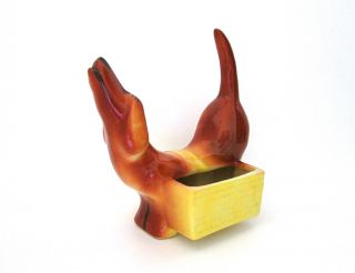 Vtg Mid Century Art Pottery Dachsund Dog Yellow Basket Planter Ring Holder