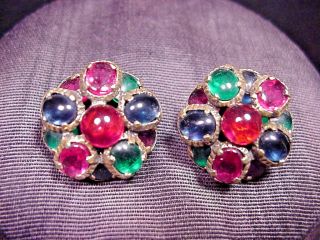 Trifari Crown Mark Vintage Clip On Earrings Red Blue Green Cabochon