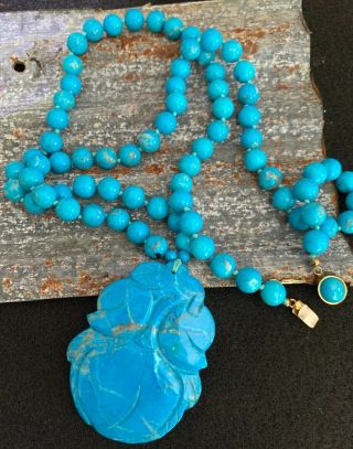 Vintage Turquoise Blue Swirled Marbled Bead Necklace Natural Stone Hand Knotted