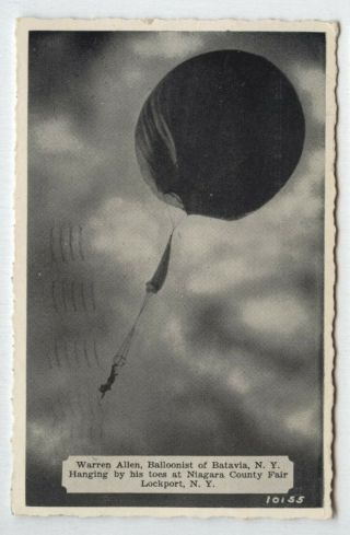 Vintage 1939 Balloonist Allen Hanging By His Toes Ad Postcard Batavia Ny