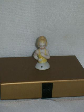 Vintage Porcelain Half Doll W/ Yellow Dress And Beads (27a)
