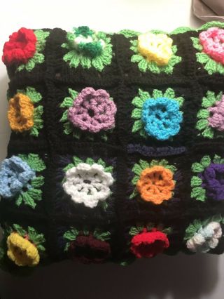 Vintage Crochet Afghan Granny Square Pillow Rosette Flowers 15x15 Handmade