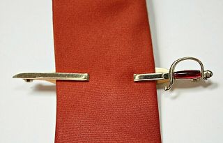Vintage Anson Tie Clip Clasp Bar Gold Tone Sword / Red Lucite Estate Jewelry