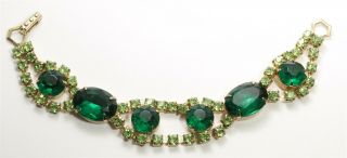 Vintage Mid Century Gold Tone Emerald Green Crystal Rhinestone Chain Bracelet