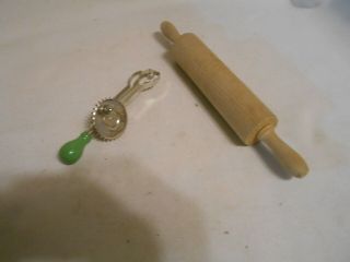 Vintage Childs A & J Egg Beater With Green Wood Handle And Wood Rolling Pin