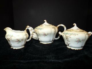 Antique Hand Painted Limoges Tea Set Teapot Creamer Sugar Forget - Me - Nots Ac