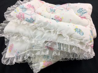 Vintage Quilted Silky Lace Trim Pink Blue Baby Blanket Bunny Teddy Bear Chick