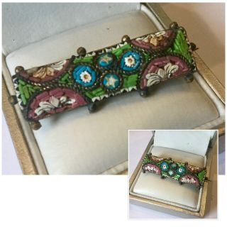 Vintage Art Deco Jewellery Micro Mosaic Oblong Floral Brooch Dress Pin