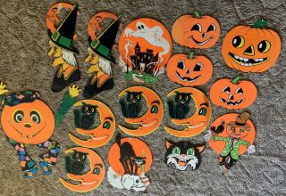 15 Vintage 1960s Beistle Halloween Die Cut Decorations Pumpkins Cats Moon Witchs