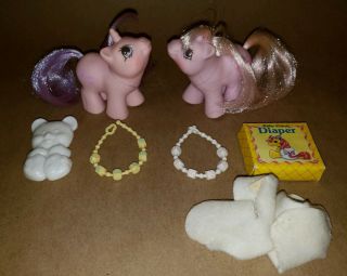 Vintage My Little Pony Newborn Twins Baby Sniffles And Snookums Accessories G1