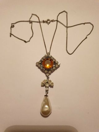Vintage Art Deco Large Citrine And Paste Glass Drop Pendant Necklace With Glass