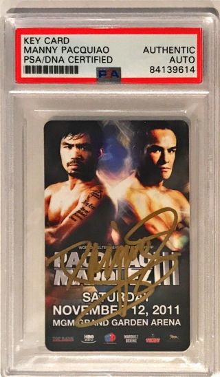 2011 Mgm Hotel Key Manny Pacquiao Pacman Signed Trading Card Psa/dna Slabbed