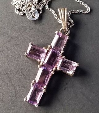 Amethyst Cross Vintage Sterling Silver Pendant And Chain Crucifix Signed 925