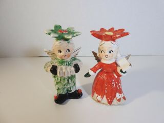 Vintage Salt & Pepper Shakers Holiday Holly Leaf Boy & Christmas Poinsettia Girl