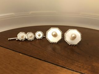 Vintage Tuxedo Set White 3 Studs Sterling Silver Cufflink Set Mother Of Pearl