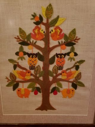 Vintage Crewel Bird Owl Tree Of Life Flowers Stitching Framed Wall Art Stunning