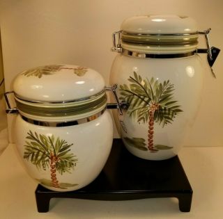 Ceramic Kitchen Canisters Set Of 2 Large Palm Trees Gibson Elite Handpainted Vtg