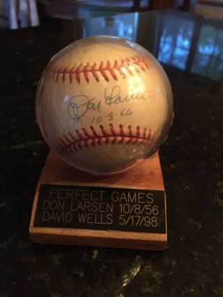 David Wells And Don Larson Signed And Dated Perfect Game Baseball In Stand