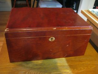 Mahogany Wood Vintage Cigar Box With Cutters N Dehumidifier N Temp.  Gage