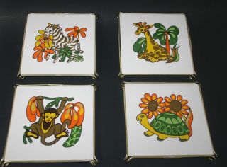 Vintage Villeroy & Boch Ceramic Tile Trivet Monkey Giraffe Tortoise Zebra