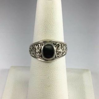 Vintage Sterling Silver & Onyx Inlay Nugget Design Band Ring Size 7 R298