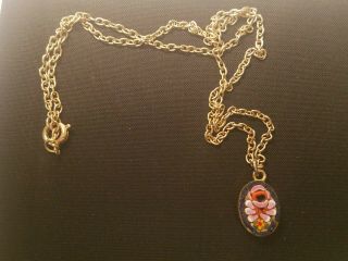 Vintage Italian Italy Micro Mosaic Floral Flower Tile Necklace Gold