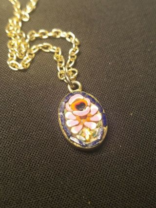 Vintage Italian Italy Micro Mosaic Floral Flower Tile Necklace Gold 2